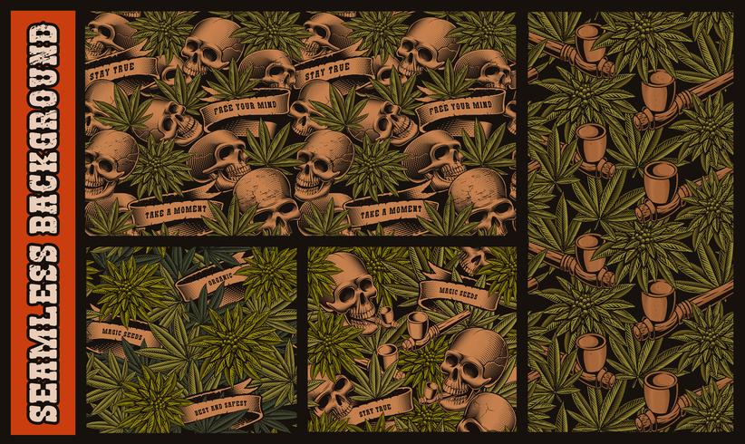 Conjunto de patrones sin fisuras con calaveras y cannabis. vector