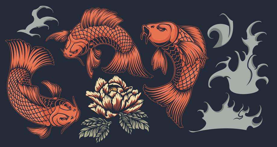 Set with koi carp on the Japanese theme vector