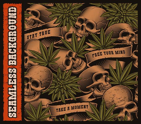 Seamless background of skulls and cannabis leaves vector