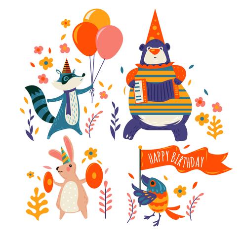 Establecer con los animales lindos feliz cumpleaños fiesta vector