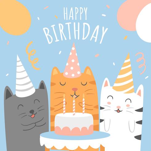  Happy Birthday Animals Cats Cartoon Greeting vector