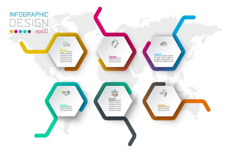 Business hexagon labels shape infographic on row bar. vector