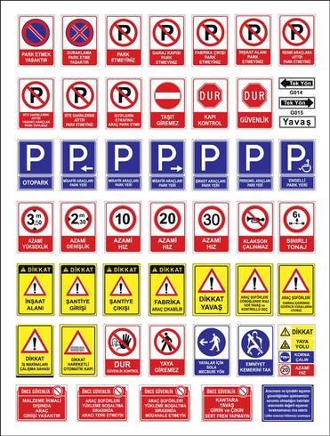 Modelos de señalización turca, señal de peligro, señal de prohibición, señalización de seguridad y salud ocupacional, señalización de advertencia, señal de emergencia de incendio. Para adhesivos, carteles y otros materiales de impresión. fácil de modifica vector