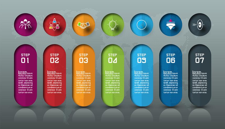 Siete barras de colores con infografías de iconos de negocios. vector