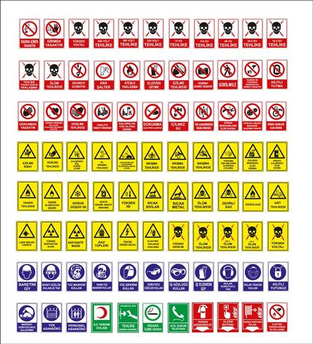 Modelos de señalización turca, señal de peligro, señal de prohibición, señalización de seguridad y salud ocupacional, señalización de advertencia, señal de emergencia de incendio. Para adhesivos, carteles y otros materiales de impresión. fácil de modifica vector