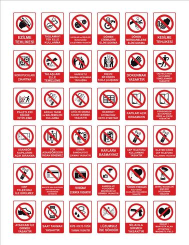 Turkish signage models, hazard sign, prohibited sign, occupational safety and health signs, warning signboard, fire emergency sign. for sticker, posters, and other material printing. easy to modify. vector. vector