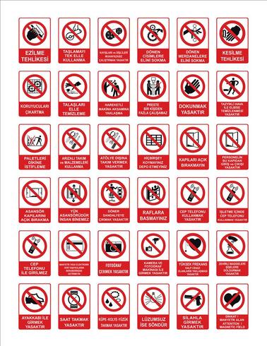 Turkish signage models, hazard sign, prohibited sign, occupational safety and health signs, warning signboard, fire emergency sign. for sticker, posters, and other material printing. easy to modify. vector. vector