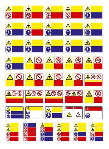 conjunto de señales obligatorias, señales de peligro, señales prohibidas, señales de seguridad y salud en el trabajo, carteles de advertencia, señales de emergencia contra incendios. Para adhesivos, carteles y otros materiales de impresión. fácil de modif vector