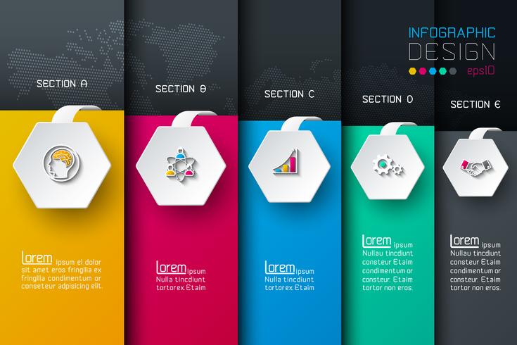 Business hexagon net labels shape infographic with dark background. vector