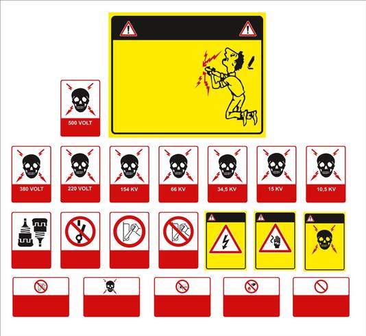 conjunto de señales obligatorias, señales de peligro, señales prohibidas, señales de seguridad y salud en el trabajo, carteles de advertencia, señales de emergencia contra incendios. Para adhesivos, carteles y otros materiales de impresión. fácil de modif vector