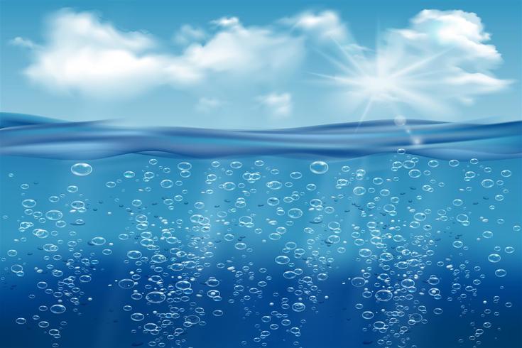 Realistic underwater background. Ocean deep water, sea under water level, sun rays blue wave horizon. Water surface 3D vector concept