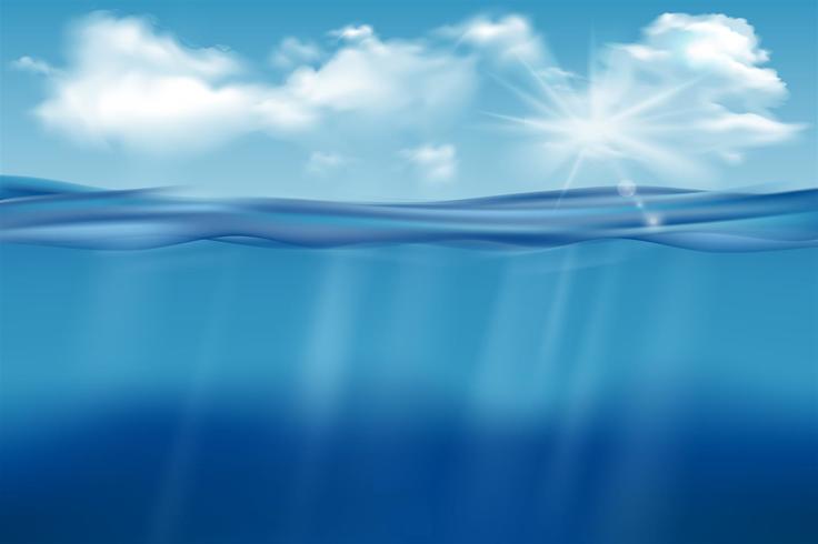 Realistic underwater background. Ocean deep water, sea under water level, sun rays blue wave horizon. Water surface 3D vector concept