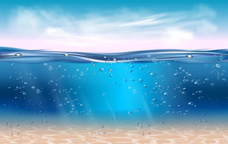 Realistic underwater background. Ocean deep water, sea under water level, sun rays blue wave horizon. Water surface 3D vector concept