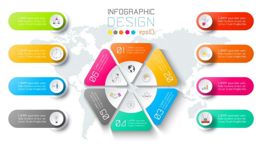 Business infographic on world map background with 8 labels around hexagon circle. vector