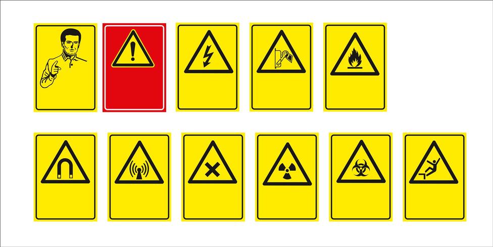 conjunto de señales obligatorias, señales de peligro, señales prohibidas, señales de seguridad y salud en el trabajo, carteles de advertencia, señales de emergencia contra incendios. Para adhesivos, carteles y otros materiales de impresión. fácil de modif vector