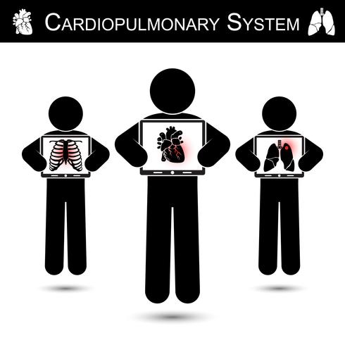 Cardiopulmonary System .  Human hold monitor screen and show imaging of Skeleton  chest injury  , Heart  Myocardial Infarction  , Lung  Pulmonary Tuberculosis      CPR concept  vector