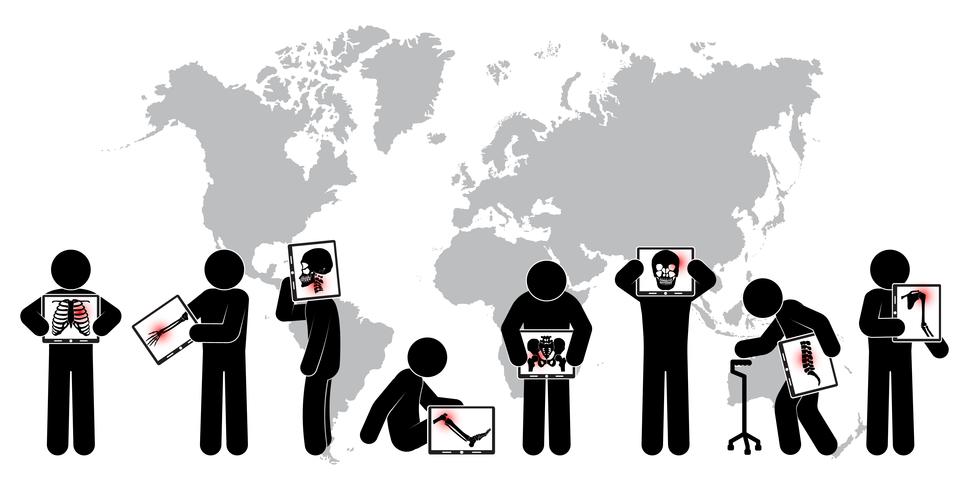 Pantalla de monitor de palo de hombre: muestra el esqueleto, mapa del mundo (concepto de salud mundial) (tuberculosis pulmonar, artritis, espondilosis cervical, espondilolistesis lumbar, escoliosis, accidente cerebrovascular) vector