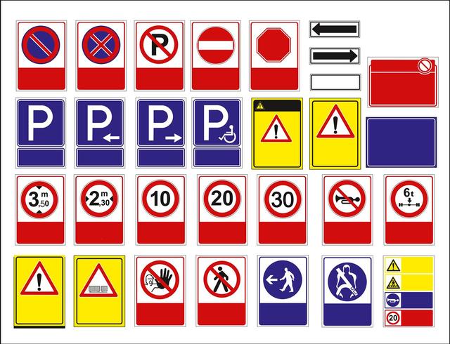  set of mandatory sign, hazard sign, prohibited sign, occupational safety and health signs, warning signboard, fire emergency sign. for sticker, posters, and other material printing. easy to modify. vector. vector