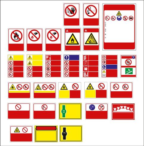 conjunto de señales obligatorias, señales de peligro, señales prohibidas, señales de seguridad y salud en el trabajo, carteles de advertencia, señales de emergencia contra incendios. Para adhesivos, carteles y otros materiales de impresión. fácil de modif vector