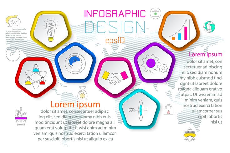 Pentágonos etiqueta infografía con 6 pasos. vector