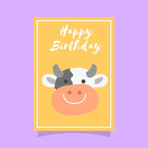 Flat Cute Cow Birthday Animal Greetings Vector Template