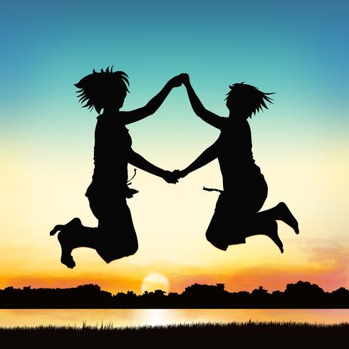 Happy girls are jumping, on silhouette art. vector