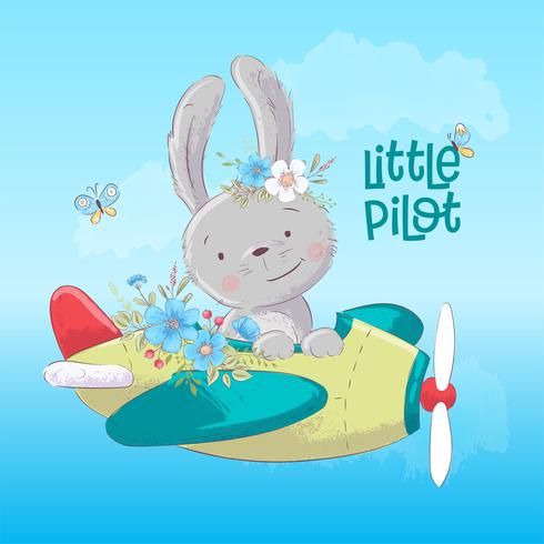 Postcard poster cute bunny on the plane and flowers in cartoon style. Hand drawing. vector