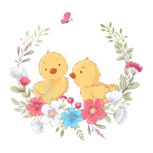 Postcard poster cute little chickens in a wreath of flowers. Hand drawing. Vector
