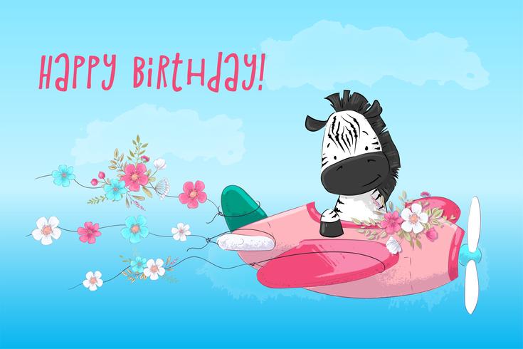 Postcard poster cute zebra on the plane and flowers in cartoon style. Hand drawing. vector