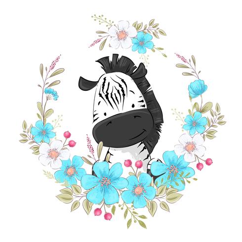 Postcard poster cute little zebra in a wreath of flowers. Hand drawing. Vector