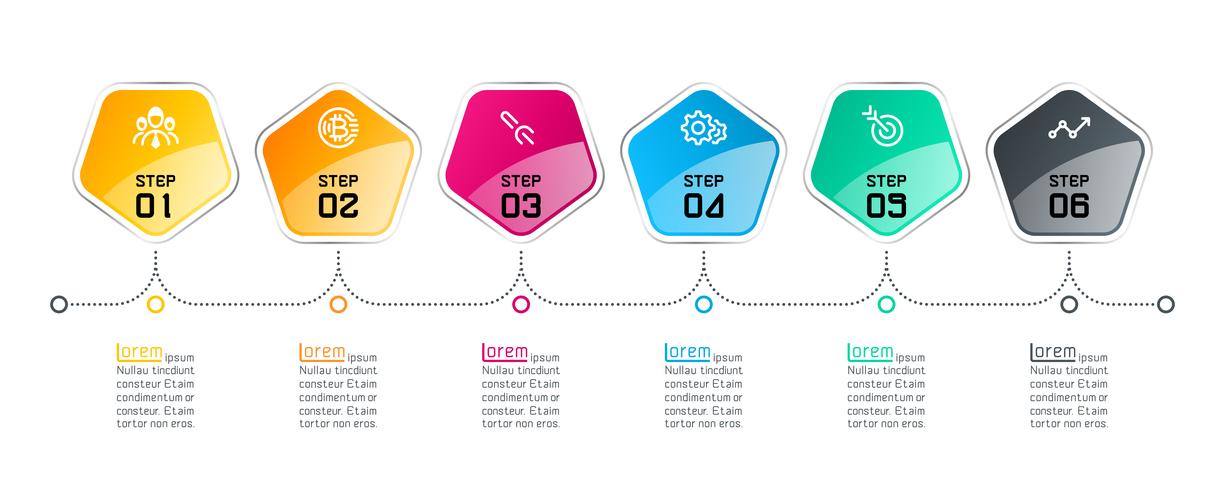 Pentagons label infographic with 6 steps vector