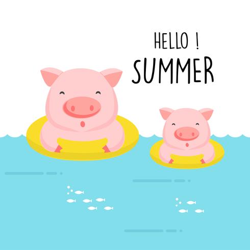 Hello summer cute pig cartoon. vector