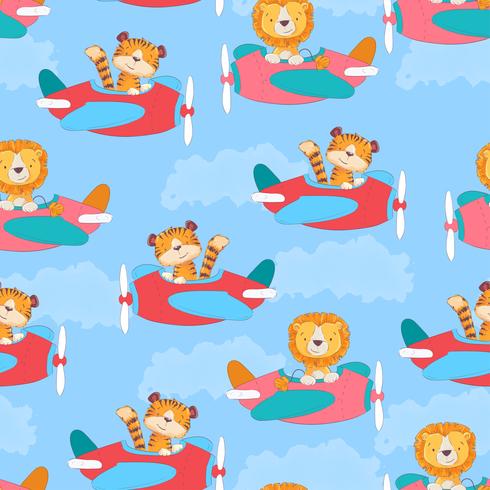 Seamless pattern cute tiger and leon on the plane in cartoon style. Hand drawing. vector