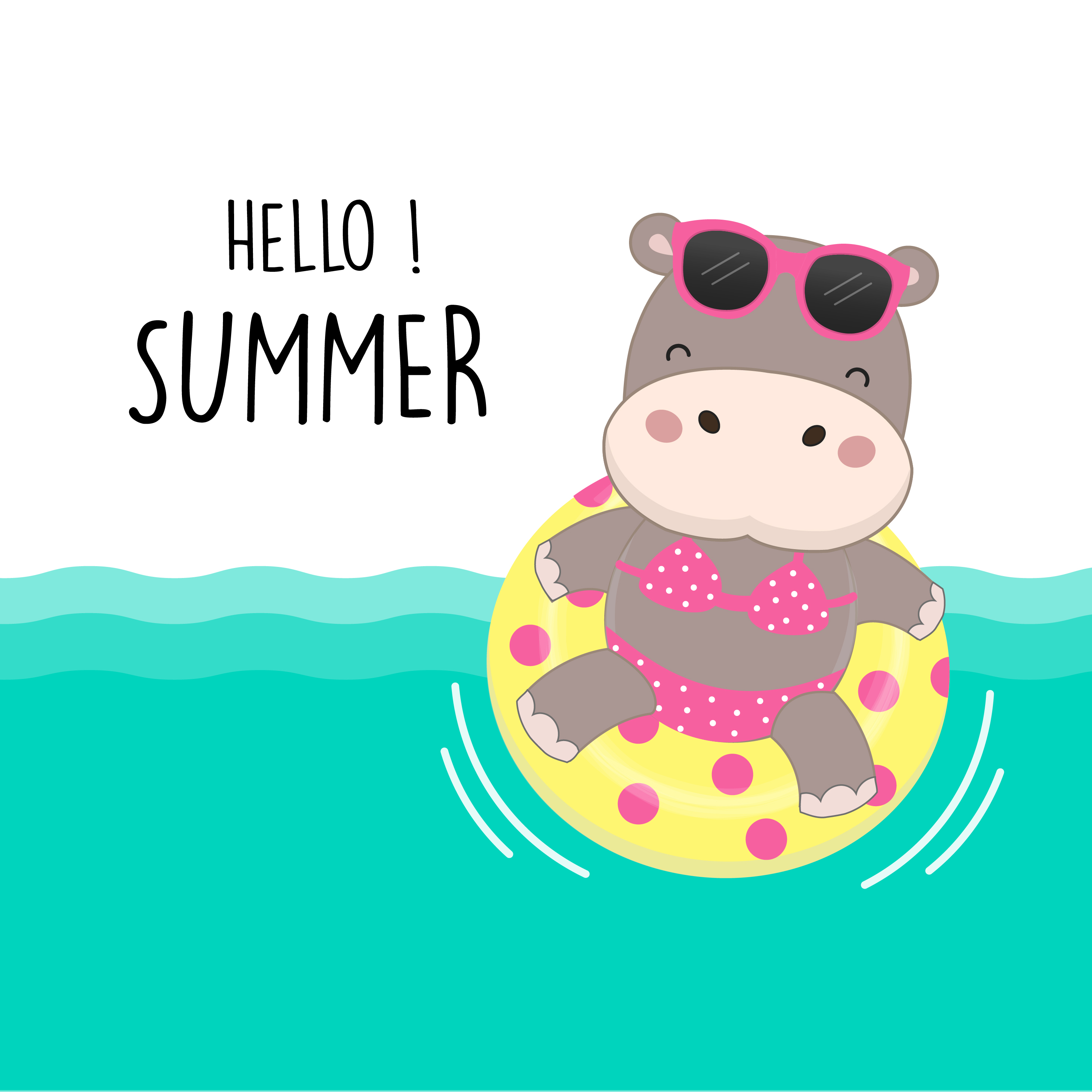 Hello summer holiday. Cute sexy hippo wear bikini and swim ring cartoon