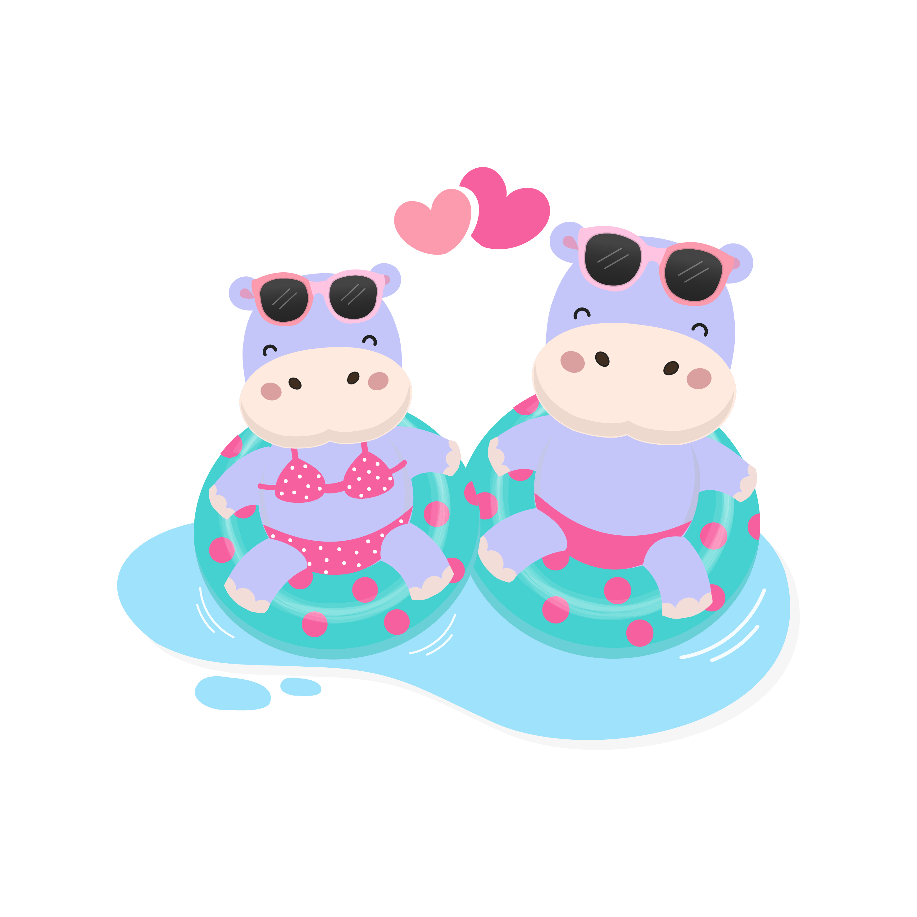 Cute couple hippo wear bikini and swim ring cartoon. for free.