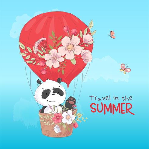 Postcard poster of a cute panda in a balloon with flowers in cartoon style. Hand drawing. vector