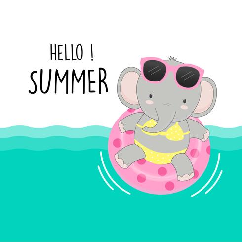 Hello summer cute pig were bikini and swim ring cartoon.  vector