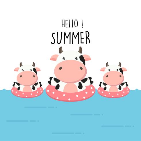 Hola verano de dibujos animados lindo de la vaca. vector