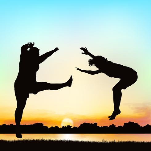 Happy girls are jumping, on silhouette art. vector