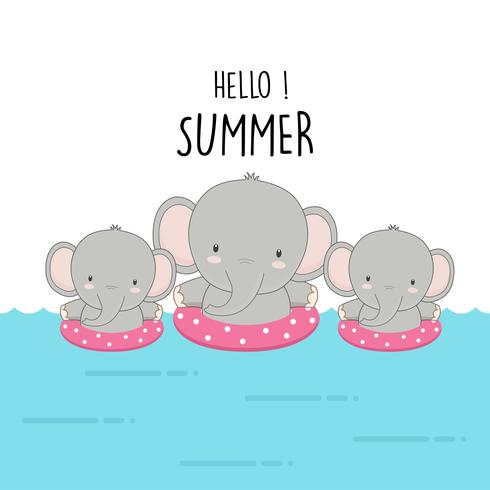 Hola verano lindo elefante de dibujos animados. vector