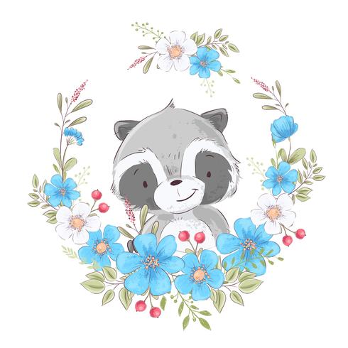 Postcard poster cute little raccoon in a wreath of flowers. Hand drawing. Vector