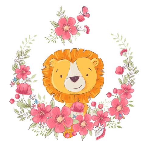 Cartel de la postal pequeño león lindo en una guirnalda de flores. Dibujo a mano. Vector
