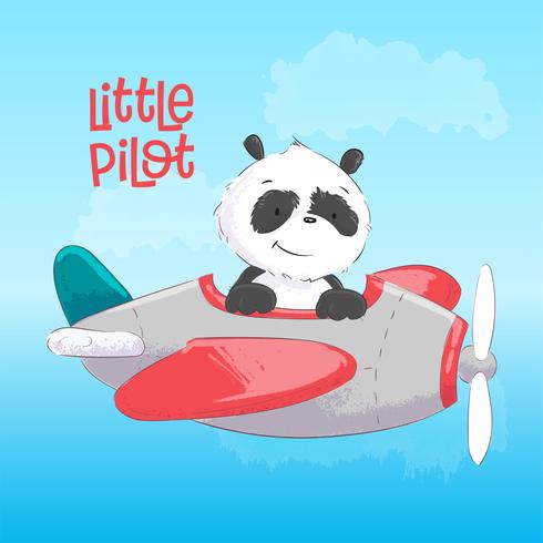 Cartel de postal lindo panda en el avión en estilo de dibujos animados. Dibujo a mano. vector