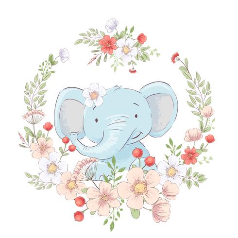 Cartel de la postal pequeño elefante lindo en una guirnalda de flores. Dibujo a mano. Vector