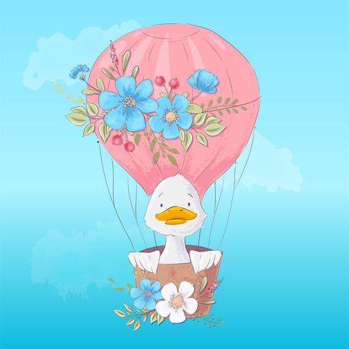 Cartel de postal de un lindo patito en un globo con flores en estilo de dibujos animados. Dibujo a mano. vector