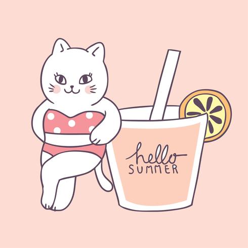Cartoon cute summer sexy cat and drink vector. vector