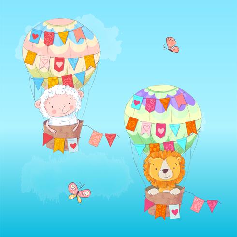 Postcard poster of a cute leon and lamb in a balloon with flags in cartoon style. Hand drawing. vector