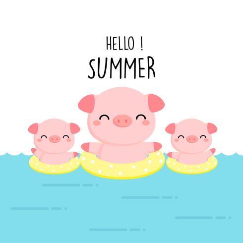 Hello summer cute pig cartoon. vector