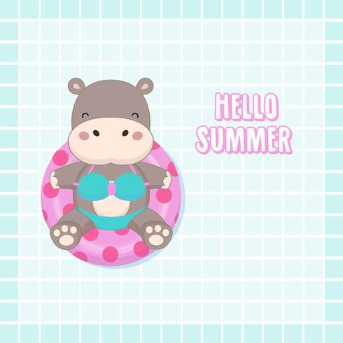 Hello summer holiday. Cute sexy hippo wear bikini and swim ring cartoon. vector