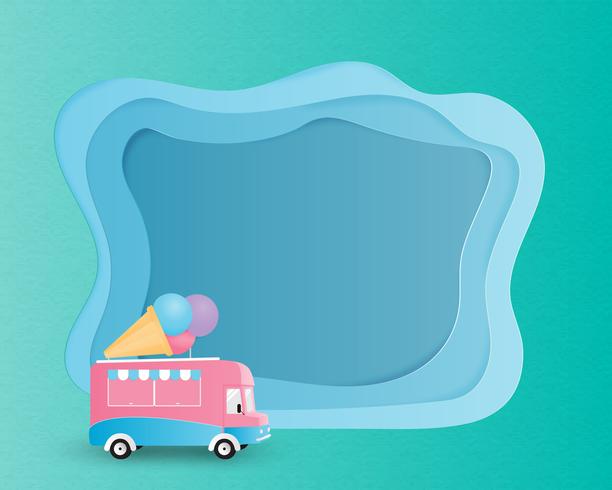 Ice cream van on green paper cut background. vector